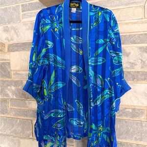 Bob Mackie Wearable Art 100% Silk Kimono Jacket Blue Abstract Print